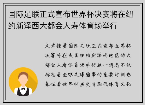 国际足联正式宣布世界杯决赛将在纽约新泽西大都会人寿体育场举行